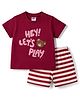 Zero Sinker Knit Half Sleeve Bear Embroidered & Striped T-Shirt & Shorts Set - Red