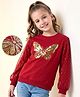 Pine Kids Cotton Knit Sweatshirt with Full Sleeves and Butterfly Sequins in Red for 7-8 Years