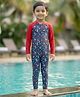 Kaboosh Full Raglan Sleeves Nautical Theme Printed Swimsuit - Navy Blue & Red