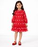 Piccolo Net Woven Full Puffed Sleeves Bow Embroidered Dress - Red