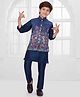 Ministitch Cotton Blend Woven Full Sleeves Solid Kurta Pyjama Set With Leaves Printed & Thread Work Detailed Jacket - Navy Blue