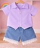 POP STREET KIDS Cotton Blend Woven Half Sleeves Floral Applique Detailed Shirt Style Top & Shorts Set - Lavender