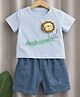 POP STREET KIDS Cotton Blend Knit Half Sleeves Typography Printed Lion Face Applique Detailed Tee & Shorts Set - Light Blue