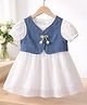 POP STREET KIDS Cotton Blend Woven Half Puffed Sleeves Solid Dress With Bow Applique Detailed Jacket Set - Blue & White