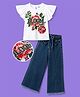 OLLINGTON ST. Sinker Knit Half Sleeves Top & Denim Culottes With Butterfly Print - White & Indigo