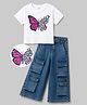 OLLINGTON ST. Cotton Knit Half Sleeves Top With Print & Stretchable Denim Culottes Set - White & Indigo