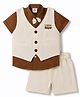 Mini Taurus Cotton Woven Half Sleeves Embroidered 3 Piece Party Suit with Bow Applique - Brown