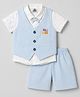 Mini Taurus Cotton Woven Half Sleeves Printed 3 Piece Party Suit with Bow Applique - Light Blue