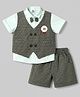 Mini Taurus Cotton Woven Half Sleeves Checks 3 Piece Party Suit with Bow Applique - Olive Green