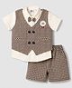 Mini Taurus Cotton Woven Half Sleeves Checks 3 Piece Party Suit with Bow Applique - Dark Brown