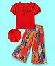 OLLINGTON ST. Sinker Knit Half Sleeves Top & Pleated Georgette Culottes Set With Floral Print - Red