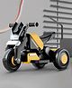 StarAndDaisy electric ride on bike for kids toddlers and babies with 3 wheel design rechargeable battery foot accelerator led lights bluetooth usb footrest and comfortable seat stylish yellow.