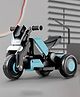 StarAndDaisy electric ride on bike for kids toddlers and babies with 3 wheel design rechargeable battery foot accelerator led lights bluetooth usb footrest and comfortable seat stylish blue.