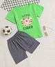 Fourfolds Cotton Blend Knit Half Sleeves Little Tiger Text Printed Tee & Shorts Set - Green