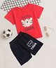 Fourfolds Cotton Blend Knit Half Sleeves Little Tiger Text Printed Tee & Shorts Set - Red