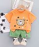 Fourfolds Cotton Blend Knit Half Sleeves Teddy & Stars Printed Tee & Shorts Set - Orange