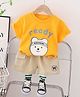 Fourfolds Cotton Blend Knit Half Sleeves Teddy & Ready Text Printed Tee & Shorts Set - Mustard