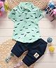Fourfolds Cotton Blend Woven Half Sleeves Moustache Printed Shirt & Shorts Set - Green