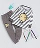 Fourfolds Cotton Blend Knit Full Sleeves Striped Monkey Printed Tee & Joggers Set - Dark Grey