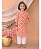 Kinder Kids Cotton Woven Three Fourth Sleeves Ikat Printed Shirt Style Kurti Pyjama Set - Red & White