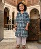 Kinder Kids Cotton Woven Three Fourth Sleeves Ikat Printed Shirt Style Kurti Pyjama Set - Blue & White