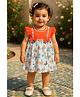Clothe Funn Cotton Knit Cap Sleeves Bow Embellished Butterfly Printed Pinafore Dress - Orange & White