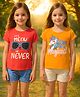 Clothe Funn Cotton Knit Pack Of 2 Half Sleeves Its Meow Or Never Text & Unicorn Printed Tees & Shorts Night Suit - Orange Coral & White