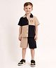 Little Marine Cotton Blend Knit Half Sleeves Colourblock & Bear Face Patch Detailed Shirt & Shorts Set - Black & Brown