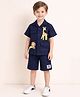 Little Marine Cotton Blend Knit Half Sleeves Lion & Giraffe Printed Shirt & Shorts Set - Navy Blue