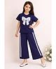 Little Marine Cotton Blend Knit Half Sleeves Bow Applique Detailed Top & Palazzo - Navy Blue