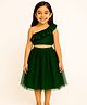 Tilism Net Knit One Shoulder Sleeveless Frill Detailed Crop Top & Skirt Set - Dark Green