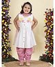 Little Bansi Cotton Woven Sleeveless Pearl Embellished Floral Applique Detailed & Katha Striped Kurti Salwar Set With Dupatta - White