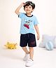 Nino Togs Cotton Jersey Knit Half Sleeves Teddy Embroidered Tee & Shorts Set - Sky Blue & Navy Blue