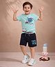 Nino Togs Cotton Lycra Knit Half Sleeves Pig Printed Tee & Shorts Set - Sky Blue & Navy Blue
