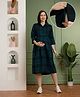 NIGHTSPREE Cotton Woven Three Fourth Sleeves Checked Maternity Dress With Side Zipper Nursing Access - Green