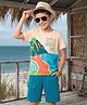 OLLINGTON ST. Sinker Knit Half Sleeves T-Shirt & Shorts Set With Beach Theme Print - Peach & Teal