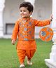 EARTHY TOUCH 100% Cotton Knit Full Sleeves Floral Foil Printed Kurta & Pyjama Set With Jacket - Orange