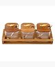 The Better Home Platters Serving Set for Snacks with Wooden Tray, Spoon, 3Jars (380ml Each) | Premium Soda Lime Glass | Serving Tray with Bowls (Design 3)