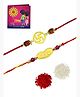 Yellow Chimes Set of 2 Pcs Handmade Dori Worked Gold Toned Swastik and BRO Engraved Design Rudraksh Rakhi for Brother with Roli & Chawal, Red, Gold, Medium (YCTJRK-12BHAY-GL) for Men