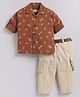 LITTLE COLLARS Cotton Woven Full Sleeves Tropical Theme Printed Shirt & Trousers Set - Rust