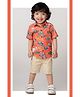 LITTLE COLLARS Cotton Woven Half Sleeves Dinosaurs Printed Shirt & Shorts Set - Orange