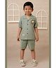 LITTLE COLLARS Cotton Woven Half Sleeves Lion Applique Detailed Shirt & Shorts Set - Green
