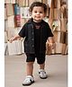 LITTLE COLLARS Cotton Woven Half Sleeves Schiffli Embroidered Shirt & Shorts Set With Tee - Black