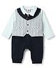 Mini Taurus Interlock Knit Full Sleeves Striped Party Romper with Bow Applique & Attached Waistcoat - Navy Blue