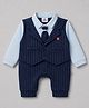 Mini Taurus Interlock Knit Full Sleeves Striped Party Romper with Tie Applique & Attached Waistcoat - Navy Blue