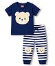 Babyhug Cotton Knit Half Sleeves T-Shirt & Striped Pyjama Night Suit With Bear Print - Navy Blue