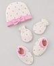 Babyhug 100% Cotton Interlock Knit Cap Mittens & Booties Set With Floral Print & Bow Applique Off White - Diameter 16 cm