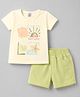 Kids Magic Knitted Half Sleeves T-Shirt & Shorts Set With Beach Theme Print - Cream & Limegreen