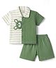 Be Baby Knitted Half Sleeves Striped Shirt & Shorts Set With Bear Applique - Green