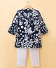 Babyhug Chanderi Woven Full Sleeves Kurta Pyjama Set with Floral Embroidery - Navy Blue